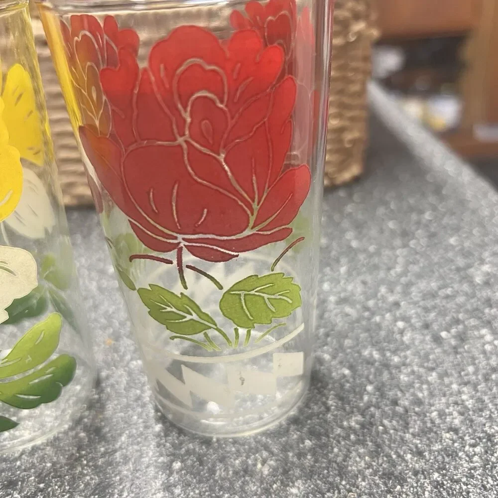VTG Anchor Hocking/ Peanut Butter Glasses~Red Rose /Yellow Fiesta Flowers~Set 2